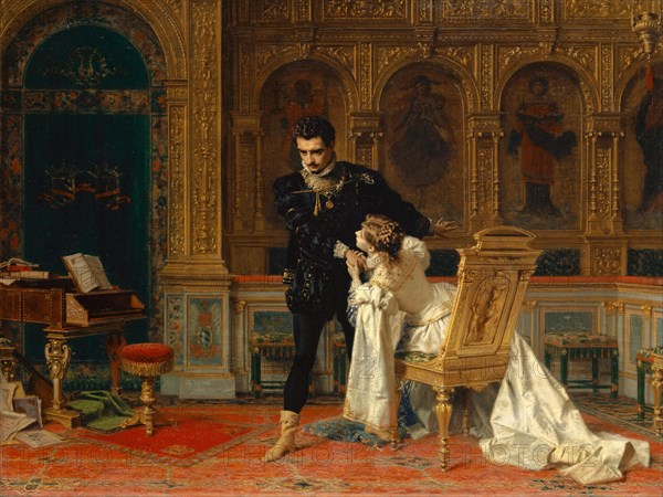 Scene from Schiller's Fiesco (Act IV, Scene 14), 1879, oil on canvas, 74.1 x 95.5 cm, monogrammed lower left on file: CAB., [AB ligated and included in C], signed and dated on the back of the canvas in black color: ABarzaghi-Cattaneo, Milano Gennaio 18/1879., Antonio Barzaghi-Cattaneo, Lugano 1834–1922 Lugano-Paradiso