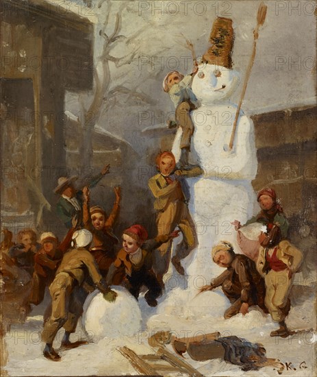 The Snowman, oil on canvas on cardboard, 23 x 19 cm, monogrammed lower right: K. G, Karl Girardet, Le Locle/Neuenburg 1813–1871 Paris