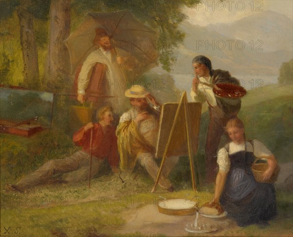 The landscape painter, oil on paper, on tin, 19 x 22.5 cm, monogrammed lower left: X. S., Xaver Schwegler, Luzern 1832–1902 Luzern