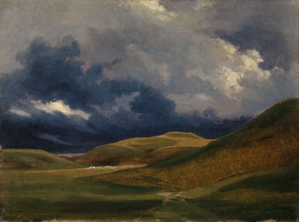 Stormy sky over the Roman Campagna, oil on paper, on canvas, 21.2 x 28.3 cm, not specified, Johann Jakob Frey, Basel 1813–1865 Frascati