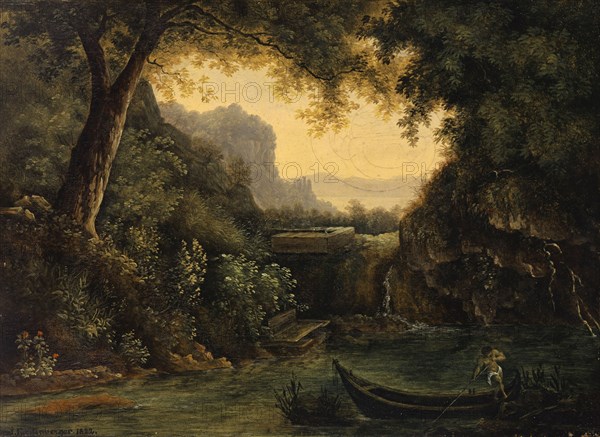 River landscape with naked skipper in the barge, 1822, oil on canvas, 28.5 x 40 cm, signed and dated lower left: I. Fürstenberger., 1,822th, Isaak Fürstenberger, Basel 1799–1828 Gsteig b. Interlaken