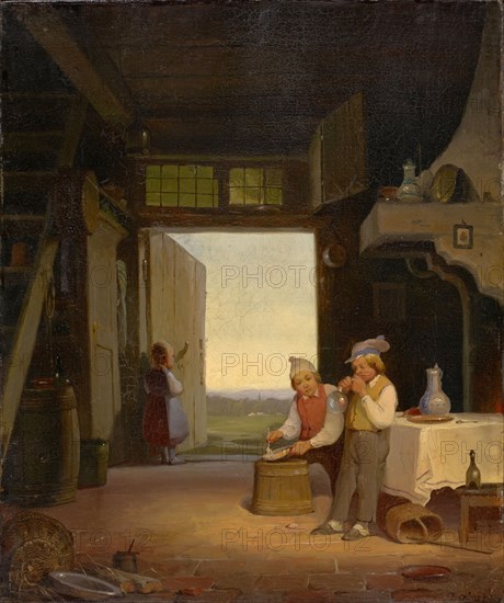 Children play soap bubbles in the hallway, oil on canvas, 33 x 27.5 cm, signed lower right: Veerhas f., Jan Verhas, Termonde 1834–1896 bei Brüssel