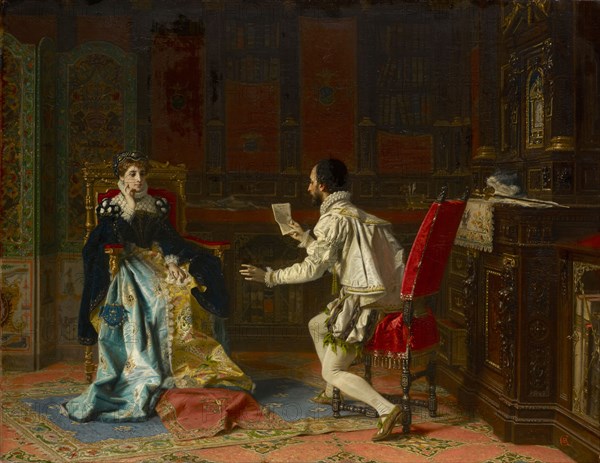 Tasso recites his 'Freed Jerusalem' to Princess Eleonora d'Este, 1875, oil on canvas, 74 x 95.8 cm, monogrammed lower right: CAB [AB ligated and enclosed by C], signed and dated on the back of the canvas with black paint: Aº., Barzaghi Cat, Taneo., Milano 1875., Antonio Barzaghi-Cattaneo, Lugano 1834–1922 Lugano-Paradiso