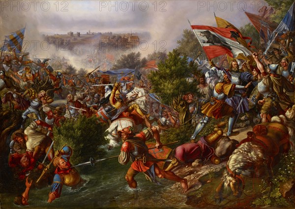 The Battle of St. Jacob, 1838, oil on canvas, 72 x 110 cm, signed and dated lower right: HHess., 1838. [HH ligated], Hieronymus Hess, Basel 1799–1850 Basel