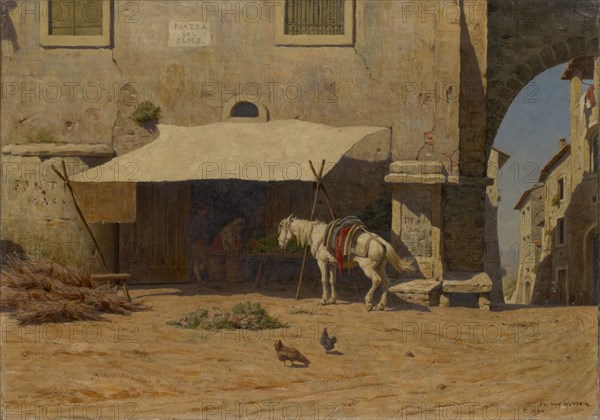 Piazza dell'Olmo in Tivoli, 1896, oil on canvas, 31 x 45 cm, signed and dated lower right: EV., VAN MUYDEN, P. 1896, Evert Louis van Muyden, Albano/Laziale bei Rom 1853–1922 Orsay b. Paris