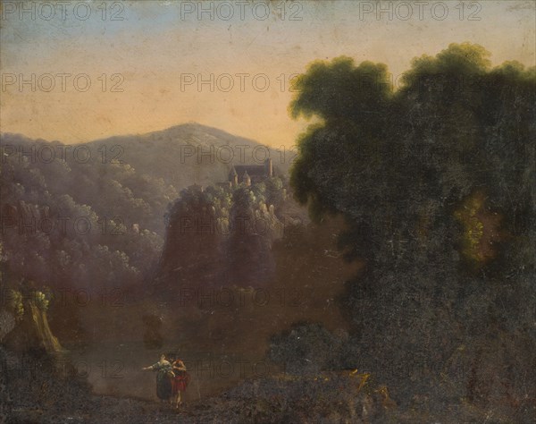 Landscape with mountain lake and castle in the background, oil on zinc sheet, 29 x 36.5 cm, Inscribed, signed and dated on the back :, Fantaisie [/ sic], by, Isaac Fürstenberger, 1823, Isaak Fürstenberger, Basel 1799–1828 Gsteig b. Interlaken