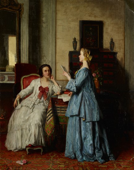 The Letter, 1862, oil on canvas, 59 x 47 cm, signed lower left: J. Carolus, 3me [?, Superscript] 7ere [?, Superscript] 1862, Jean Carolus, tätig 2. Hälfte 19. Jh.