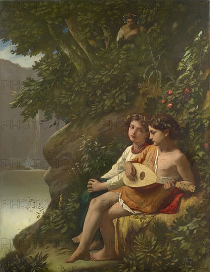 Children playing music overheard by a nymph, 1864, oil on canvas, 126.1 x 97.9 cm, signed lower right: AFeuerbach., [AF ligated], Anselm Feuerbach, Speyer 1829–1880 Venedig