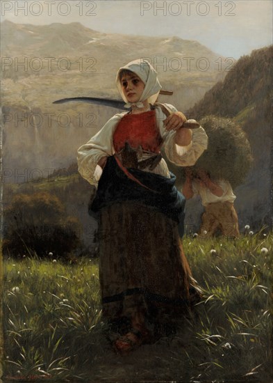 Haslitalerin, coming home from the haymaking, 1876, oil on canvas, 102.8 x 74.5 cm, signed and dated lower left: Diethelm Meyer 1876., Carl Diethelm Meyer, Baden/Aargau 1840–1884 München
