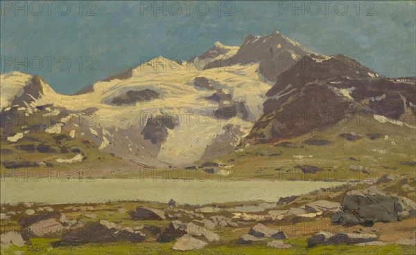 Alpine landscape with lake, oil on board, 17 x 27.5 cm, signed lower left: J. Geisser., Joseph Geisser, Altstätten/St. Gallen 1824–1894 Lausanne