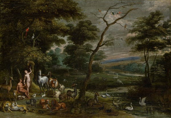 Adam and Eve in Paradise, 17th c., Oil on canvas, 64.5 x 93 cm, unmarked, Jan Brueghel d. Ä., (Nachahmer / imitator), Brüssel 1568–1625 Antwerpen