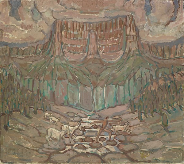 Herdsman and herd crossing a mountain stream, 1914/1918, tempera on canvas, 87 x 98 cm, unmarked, Carl Burckhardt, Lindau/Zürich 1878–1923 Ligornetto/Tessin