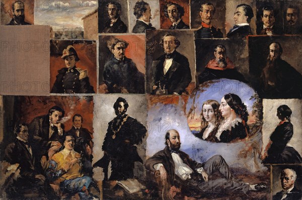 Friends of Buchser in England and Spain, c. 1853/54, oil on canvas, mounted on cardboard, 75 x 112 cm, On the Self-Portrait (top row, fourth picture from left) signed lower left (incised in the layer of paint): F. Buchser, further inscriptions in some of the pictures, Frank Buchser, Feldbrunnen/Solothurn 1828–1890 Feldbrunnen/Solothurn