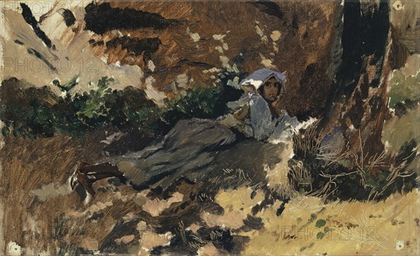 Girl lying in the woods, oil on canvas, 32.5 x 53.5 cm, unsigned, Frank Buchser, Feldbrunnen/Solothurn 1828–1890 Feldbrunnen/Solothurn