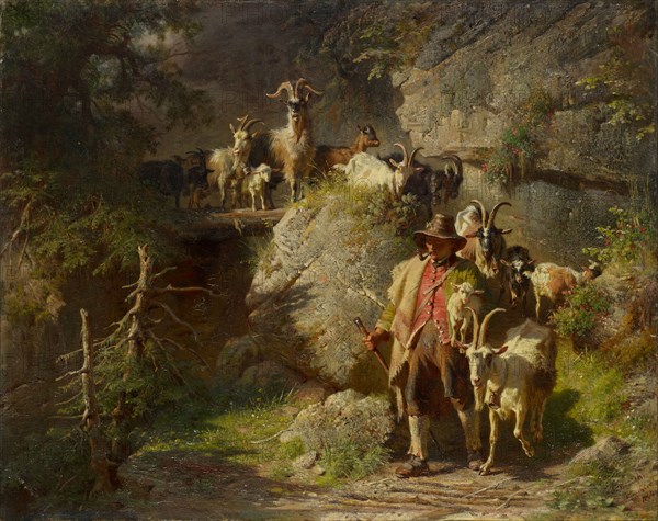 Shepherd with herd of goats, 1864, oil on canvas, 43.5 x 55 cm, signed, inscribed and dated lower right: A. Braith, Munich, 1864, Josef Anton Braith, Biberach an der Riss 1836–1905 Biberach an der Riss