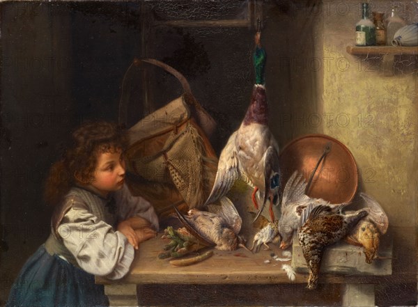 Girl with Dead Poultry, 1886, oil on canvas, 32 x 43 cm, signed lower middle (on edge of table): X. Schwegler, Xaver Schwegler, Luzern 1832–1902 Luzern