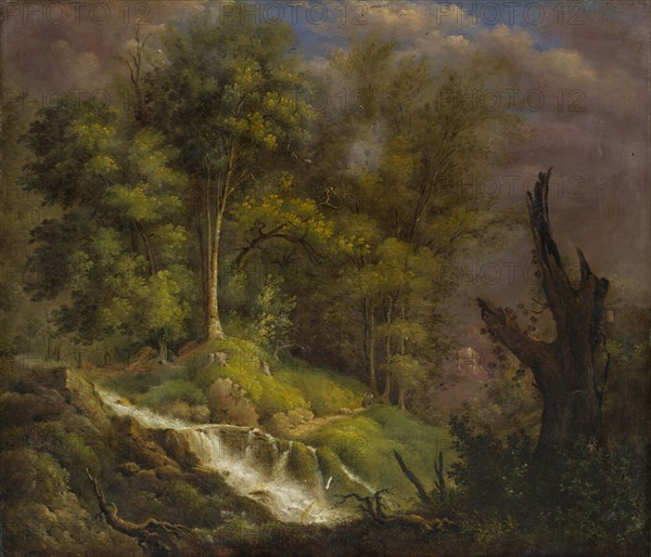 Forest landscape with waterfall, 1825, oil on zinc sheet, 50.7 x 44 cm, signed and dated on the back: Isaac Fürstenberger, 1825., Isaak Fürstenberger, Basel 1799–1828 Gsteig b. Interlaken