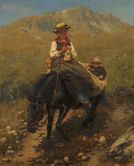 Valaisan with two children on a mule, 1879, oil on canvas, 66.3 x 54.4 cm, signed and dated lower left: Diethelm Meyer, 1879, Carl Diethelm Meyer, Baden/Aargau 1840–1884 München