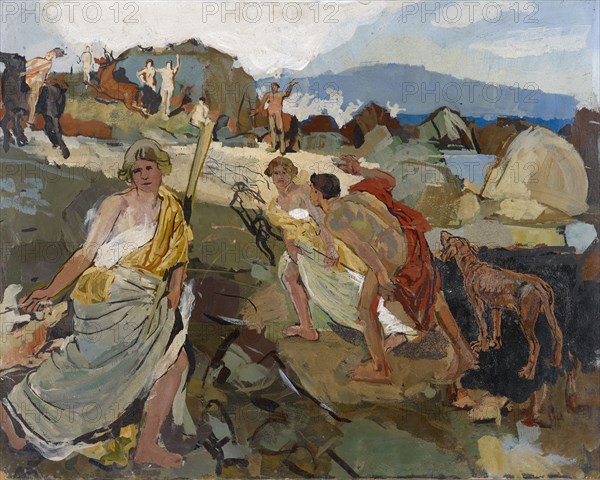 Amazons and hunters by the sea, oil on board, 40 x 50 cm, unmarked, Carl Burckhardt, Lindau/Zürich 1878–1923 Ligornetto/Tessin