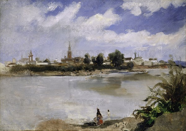 View over the Guadalquivir in Seville, 1857 (September), oil on canvas, mounted on cardboard, canvas: 27.5 x 39 cm, inscribed, dated and monogrammed lower left (engraved in the paint layer): Seville Sept. 57., F.B., Frank Buchser, Feldbrunnen/Solothurn 1828–1890 Feldbrunnen/Solothurn