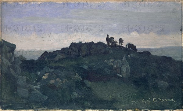 Rocky landscape by the sea with herdsman and cows between Cori and Norma, oil on panel, 14.5 x 24.5 cm, inscribed lower right (incised in the paint layer): from Cori to Norma, Frank Buchser, Feldbrunnen/Solothurn 1828–1890 Feldbrunnen/Solothurn