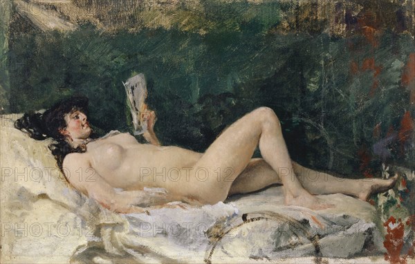Reading girl lying on bed, oil on canvas, 22.5 x 35 cm, unmarked, Frank Buchser, Feldbrunnen/Solothurn 1828–1890 Feldbrunnen/Solothurn