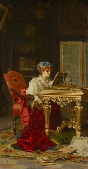 A Music Lady (Irene di Spilimbergo), 1877, oil on canvas, 85.5 x 46.5 cm, monogrammed lower left .: CAB., [AB ligated and included in C], signed and dated on the back of the canvas in black color: ABarzhi-Cat-, taneo-Milano, 1877-, Antonio Barzaghi-Cattaneo, Lugano 1834–1922 Lugano-Paradiso