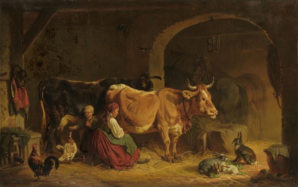In the stable, 1852, oil on canvas, 57.5 x 90 cm, signed, dated and inscribed lower left: Friedr., Voltz, ., 1852., Munich., Friedrich Voltz, Nördlingen 1817–1886 München