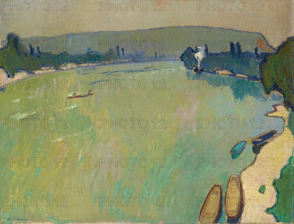 Rhine landscape (view from the bridge), 1913, oil on canvas, 74 x 96 cm, signed and dated lower left: A. Fiechter 13., Arnold Fiechter, Sissach/Baselland 1879–1943 Basel