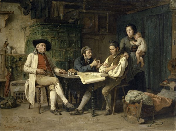 The Guilty Farmer, 1865, oil on canvas, 77.5 x 102.5 cm, signed, inscribed and dated lower left: B.Vautier., Dsf., 1865th, Benjamin Vautier d. Ä., Morges/Waadt 1829–1898 Düsseldorf