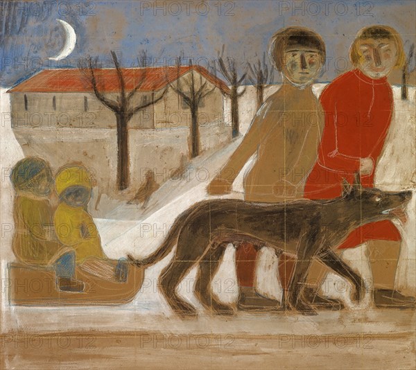 Design for a mural: Children with sledge, 1929, tempera and colored pencil on cardboard, 65.5 x 73 cm, monogrammed lower left: PW, Paul Wilde, Basel 1893–1936 Basel