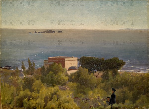 Villa at the seashore, oil on canvas, 30 x 40 cm, signed lower left: pinx E. Stückelberg, Ernst Stückelberg, Basel 1831–1903 Basel