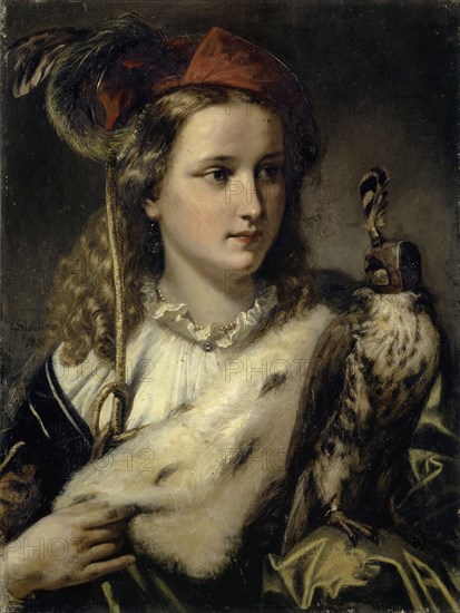 Edelfräulein with a falcon, 1856, oil on canvas, 61 x 45 cm Lichtmass, Signed and dated center left: E. Stückelberg, 1856, Ernst Stückelberg, Basel 1831–1903 Basel