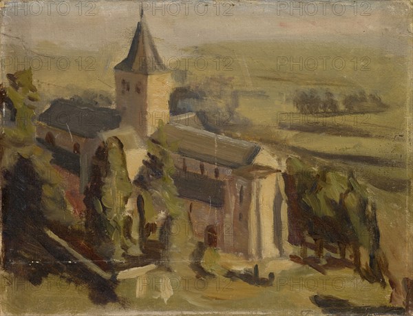 Landscape with medieval church, oil on board, 24.5 x 32 cm, not marked, William de Goumois, Basel 1865–1941 Riehen/Basel-Stadt