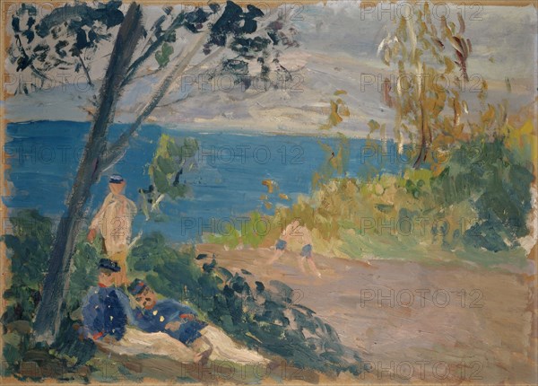 Siesta of the frontier guards on the seashore, oil on board, 47.5 x 63 cm, unmarked, Ernst Schiess, Basel 1872–1919 Valencia