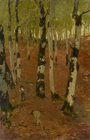Buchenwald with wood collector, 1890 (Gruyères), oil on canvas, 100.5 x 66 cm, signed lower right: H.SANDREUTER, Hans Sandreuter, Basel 1850–1901 Riehen