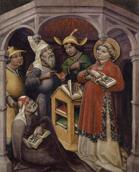 The Adoration of the Kings (Inside), The disputation of St., Stephanus (outside), c. 1435/40, mixed technique on fir wood laminated with canvas, 87.5 x 71 cm, not marked, Meister von St. Sigmund im Pustertal, tätig in Tirol im 2. Viertel des 15. Jh.