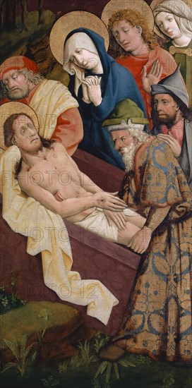 The Entombment of Christ, c. 1450, mixed technique on spruce wood laminated with canvas, 100.5 x 50 cm, unmarked, Meister von Schloss Lichtenstein, tätig um 1440/50 in Wien