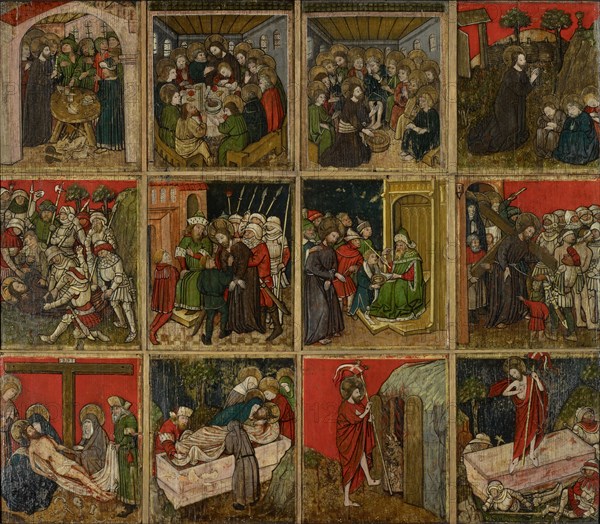 Twelve scenes from the Passion of Christ, 2nd quarter of the 15th century, mixed technique on fir wood, 33 x 28.5 cm (per piece, total size including frame: 111.8 x 128 cm), not marked, Oberrheinischer Meister, 15. Jh.