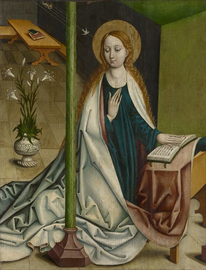 The Annunciation to Mary: Maria Annunziata, c. 1490, Mixed media on fir wood, 142 x 108.5 cm, Unmarked, Meister des Karlsruher Hohenlandenberg-Altars, (Werkstatt / workshop), tätig um 1500 am Bodensee