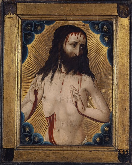 Christ as a pain man (inside), Coat of arms of Georg von Löwenstein on a blue background (on the outside), c. 1456, mixed technique on basswood, 31.1 x 23.1 cm (with original frame: 41.4 x 33.3 cm), not marked, Hans Pleydenwurff, (Werkstatt / workshop), Bamberg (?) um 1425–1472 Nürnberg