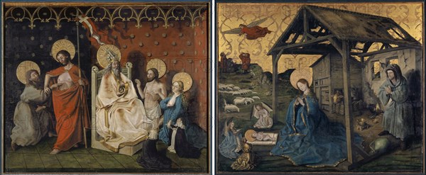 The unbelieving Thomas and Christ and Mary interceding before God the Father (outside), The Nativity (inside), around 1445-1450, mixed technique on softwood, on the gold-ground side covered with canvas, 135 x 165 cm (outside) |, 136 x 165 cm (inside), Not marked, Konrad Witz, (Werkstatt / workshop), Rottweil um 1400 – um 1445/47