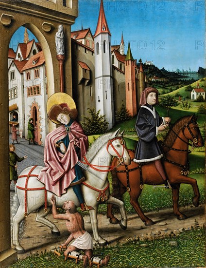 The mantle donation of the hl., Martin (inside), Remains of a Passion Scene (cross bearing?) (Outside), c. 1445-1450, mixed technique on fir wood, 144 x 111.5 cm, unmarked, Meister von Sierentz