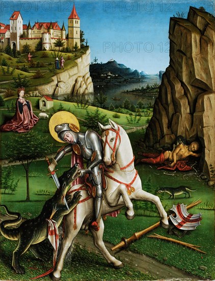 The Dragon Battle of St., Georg (inside), The Lamentation of Christ under the cross (outside), c. 1445-1450, mixed technique on fir wood, 144 x 110.5 cm, unmarked, Meister von Sierentz