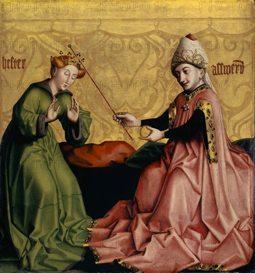 Esther before Ahasver, c. 1435, mixed technique on canvas laminated oak, 85.5 x 79.5 cm, unsigned, Konrad Witz, Rottweil um 1400 – um 1445/47