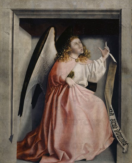 Annunciation Angel, c. 1435, mixed technique on oak paneled with canvas, 86.5 x 69 cm, unmarked., Banner with the beginning of the English greeting: Ave maria gra [until here from behind translucent, mirror-inverted] cia plena domino [sic!] S, Konrad Witz, Rottweil um 1400 – um 1445/47