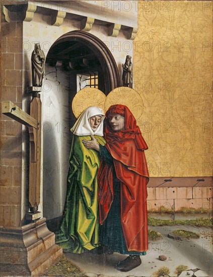 Joachim and Anna at the Golden Gate, c. 1437/40, mixed media on paneled spruce wood, 158 x 120.5 cm, unsigned., In the names: sant anna and: sant joahim, Konrad Witz, Rottweil um 1400 – um 1445/47