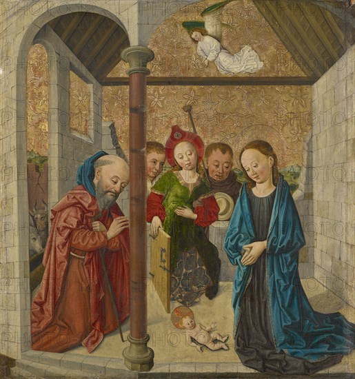The Nativity, 1458, mixed media on spruce, 61.2 x 56.3 cm, unmarked, on the probably original frame above two coats of arms (on the left: in blue or black shield a floating silver tournament collar with three bibles, on the right: in blue or black shield a diagonally placed golden Fidel) and below: 1458 (retracted), Oberrheinischer Meister, 15. Jh.