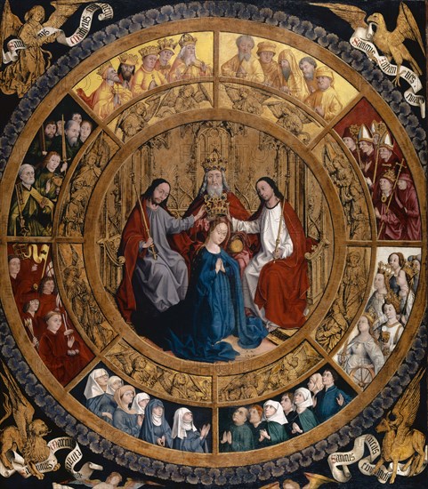 The Coronation of Mary in the Circle of Angels and Saints, c. 1470, mixed technique on spruce, covered with canvas, 127 x 111.3 cm, not marked, Augsburger Meister, 15. Jh.