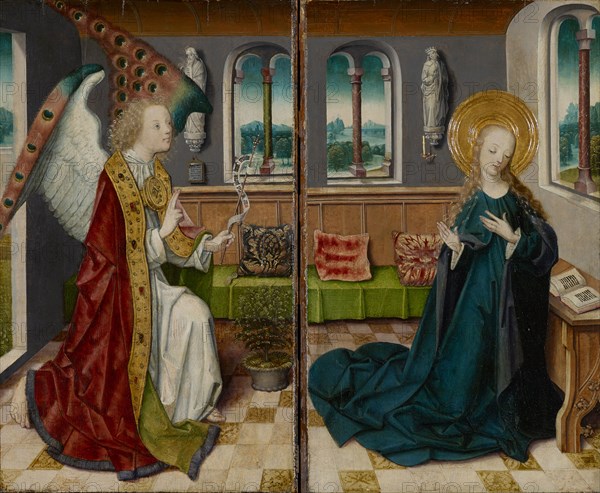 The Annunciation, c. 1490, mixed media on oak, 43.5 x 26 cm (per panel), Kölner Meister, 15. Jh.